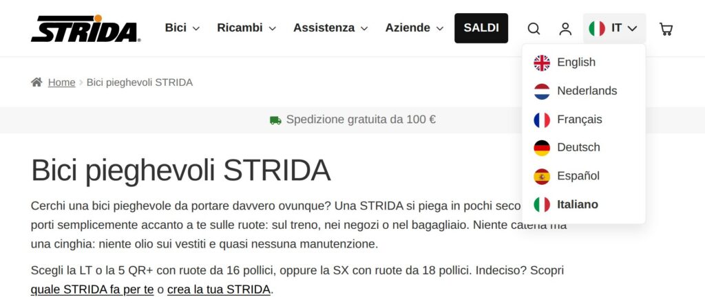 Sei lingue nel menu
